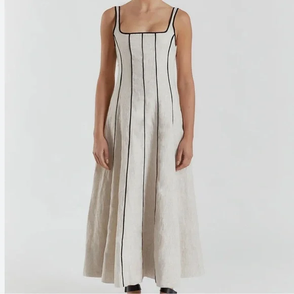 Massimo Dutti Women Linen Blend Two-Tone Strappy Dress in White Black Trim L Nwt - Picture 4 of 8